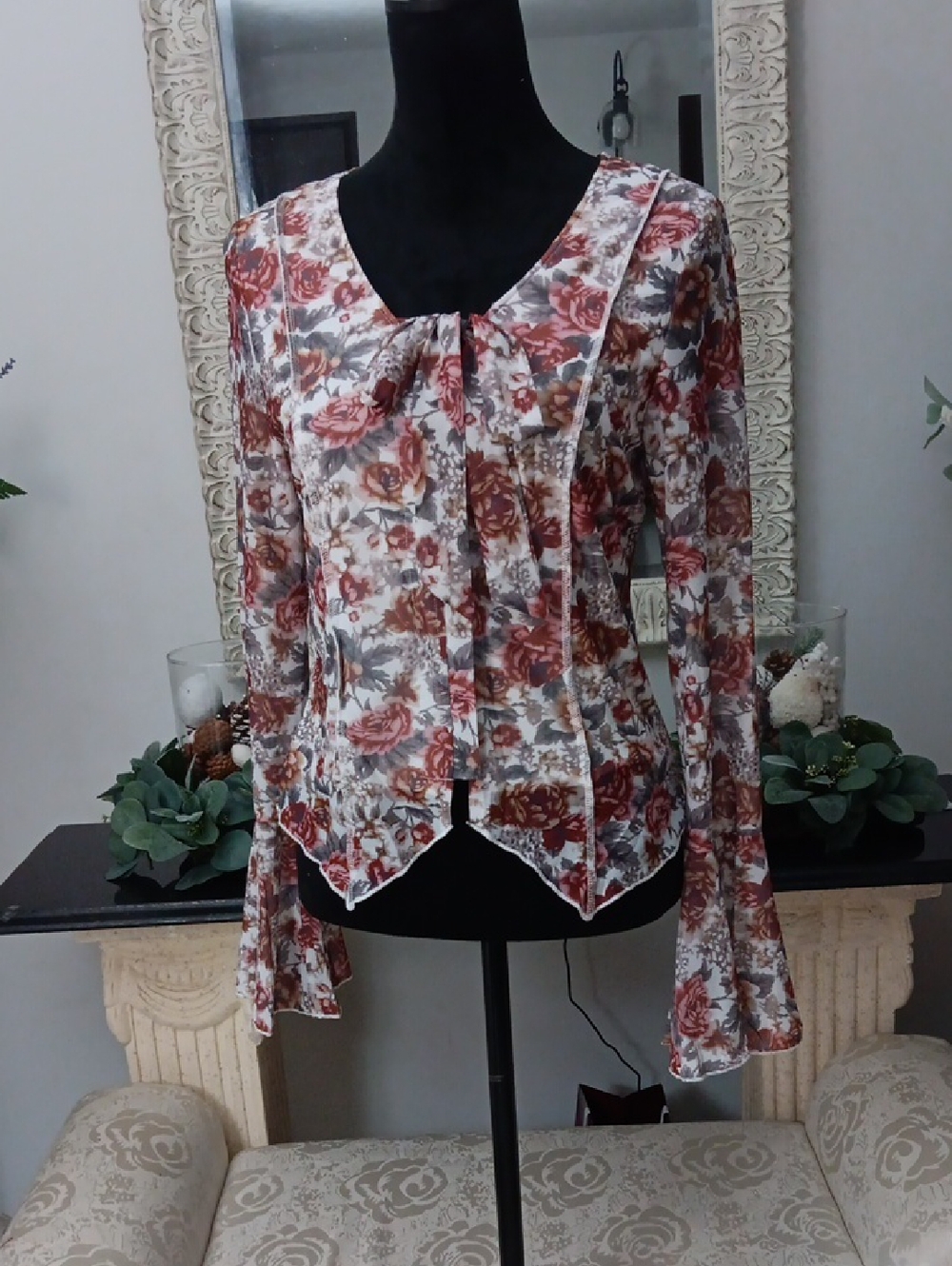 Floral Tie-Front Long Sleeve Blouse - Rust & Cream